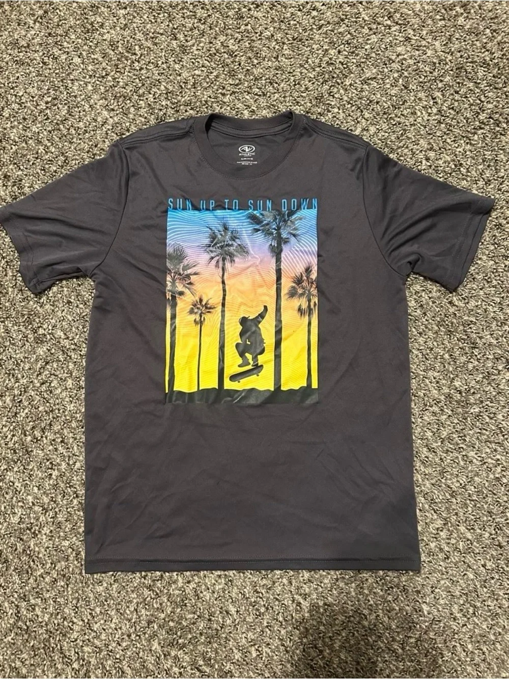 Athletic Works Charcoal Tee with Yellow and Blue Sunset Skate Graphic